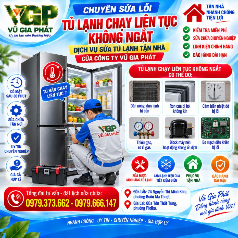 Dịch vụ sửa tủ lạnh chạy liên tục không ngắt ở Buôn Ma Thuột