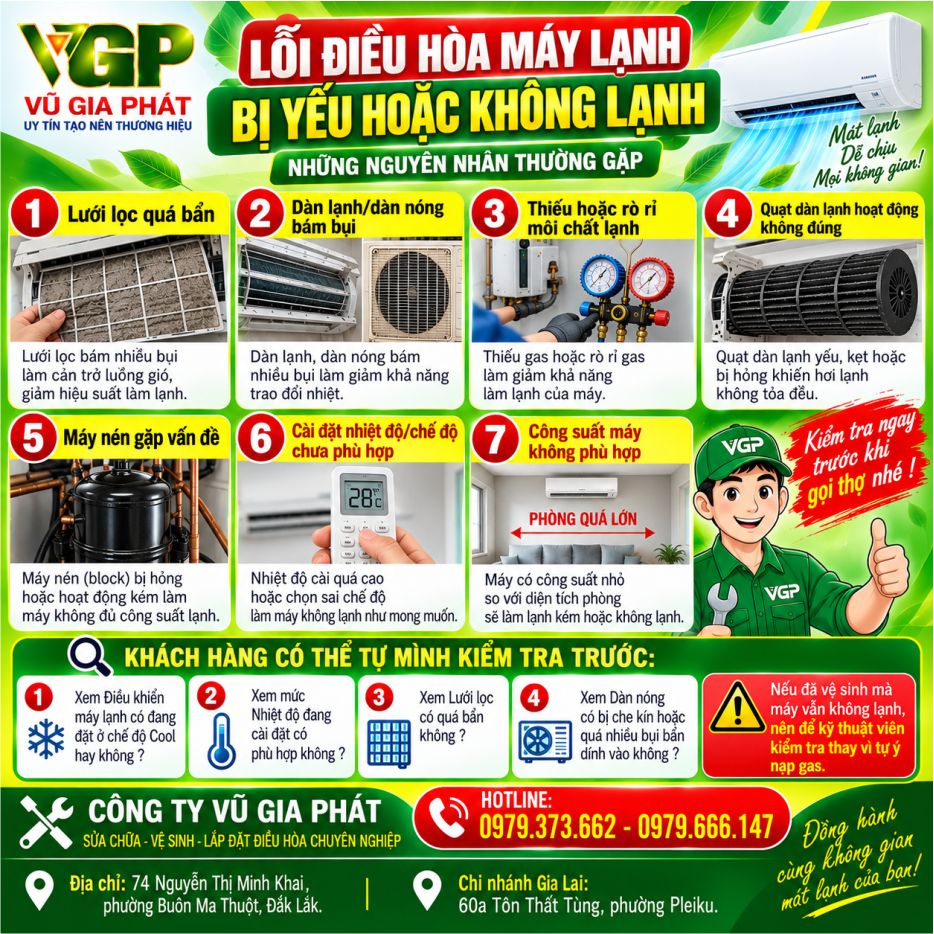 Sửa Lỗi điều hòa bị yếu hoặc không lạnh ở Đắk Lắk