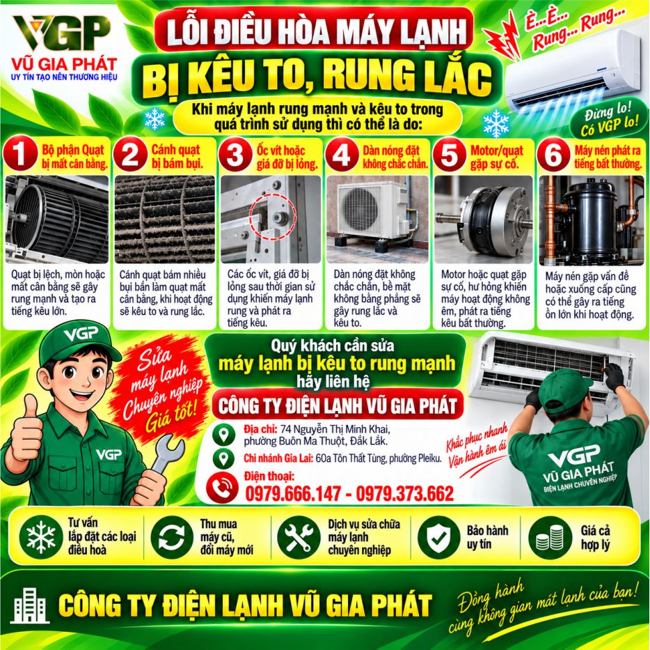 Sửa lỗi điều hòa máy lạnh bị kêu to rung lắc mạnh ở Đắk Lắk