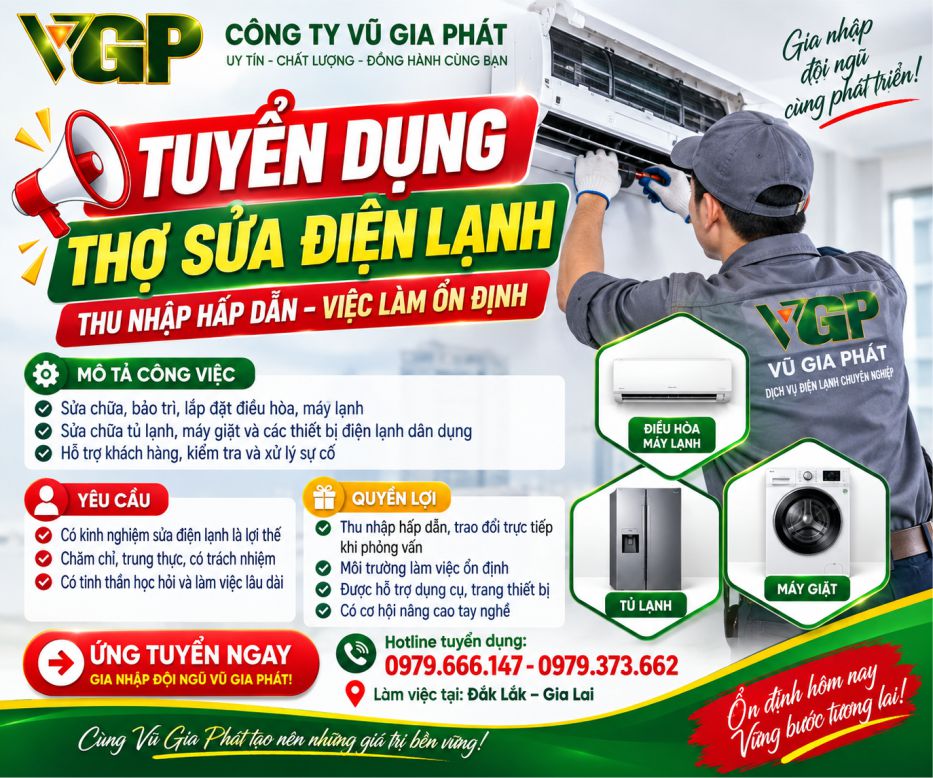 Tuyển dụng việc làm thợ sửa chữa điện lạnh ở Đắk Lắk